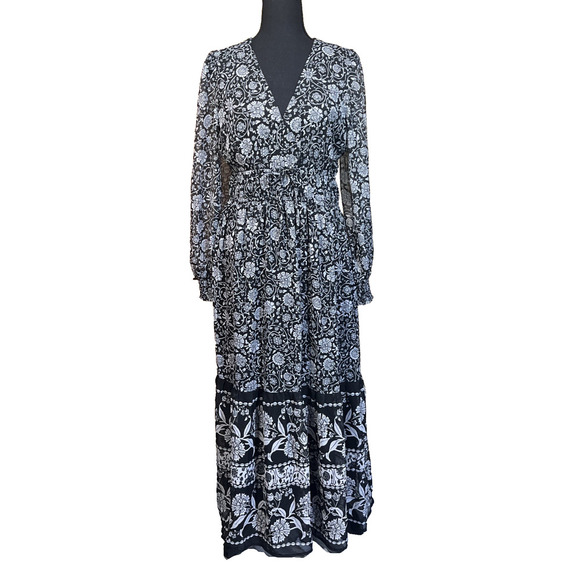 Old Navy Y2K Chiffon Midi Dress Black Floral Size Medium Whimsigoth Fairy Flowy - Picture 1 of 16